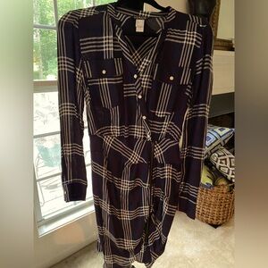 VENUS Long Sleeve Navy Checkered Dress